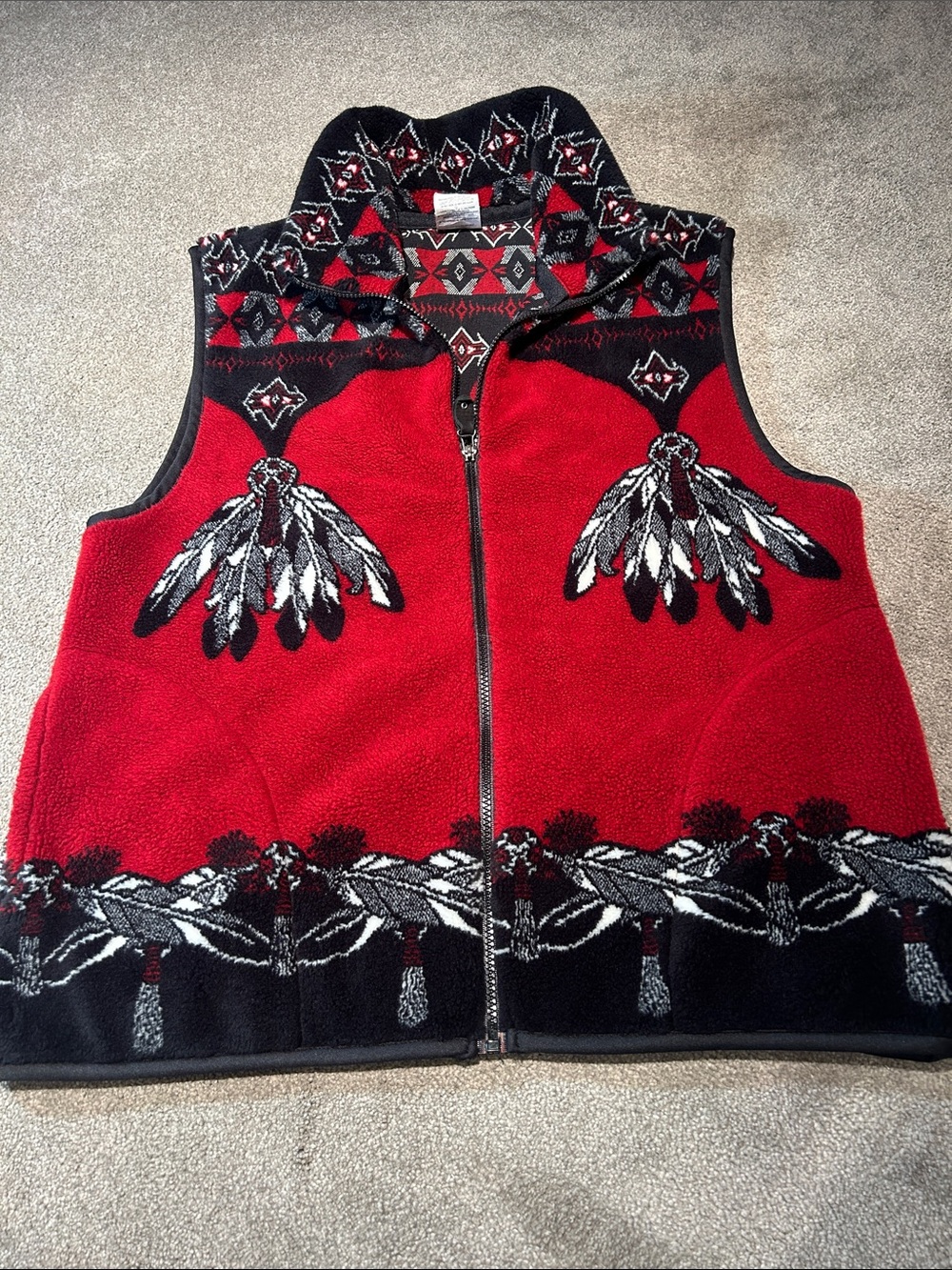 Women’s Red Patterned Fleece Vest with Feather Motif - Unbranded